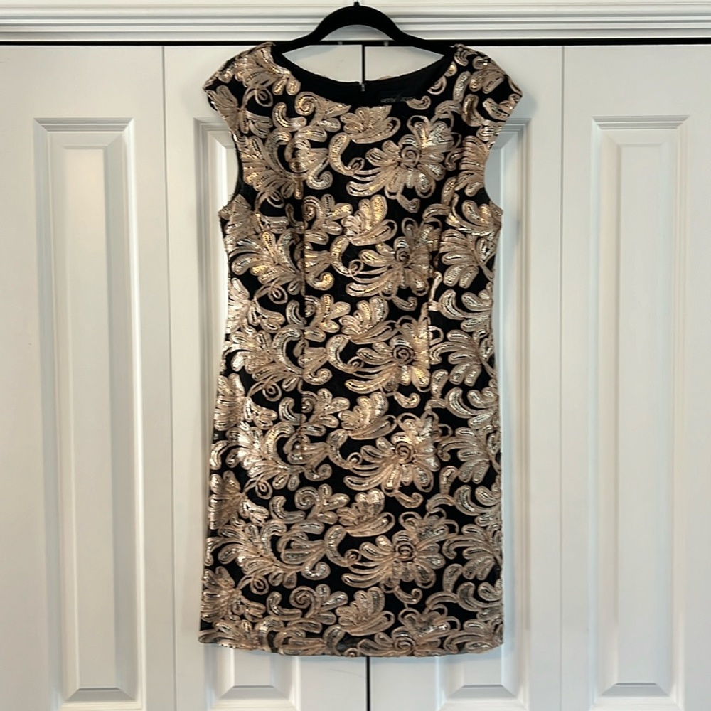 Black and gold flower appliqué dress